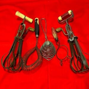 Antique egg beaters, whisk and misc.